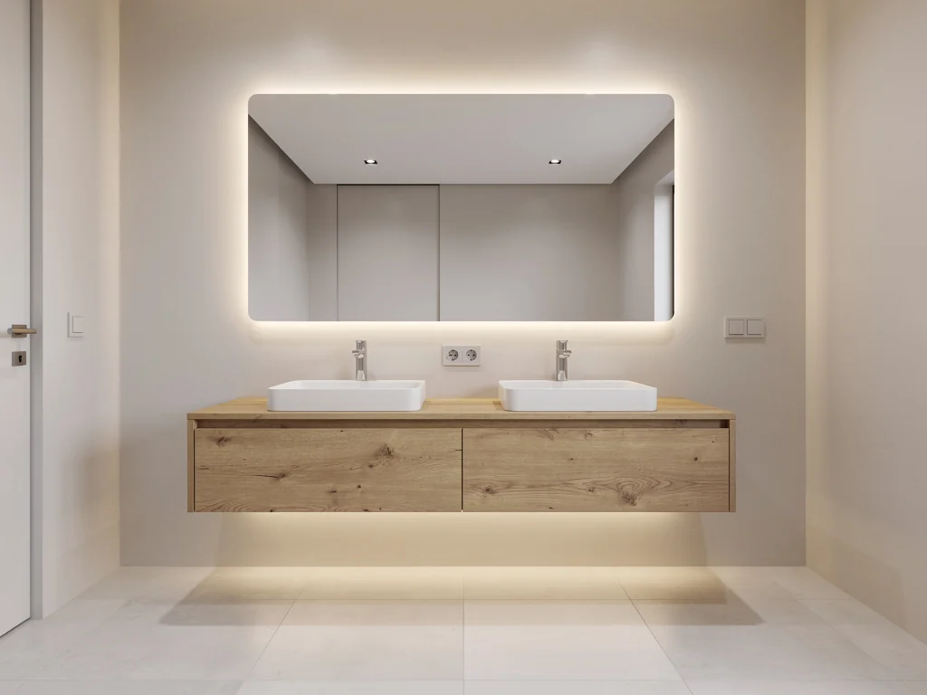 Meuble suspendu deux vasques et grand miroir lumineux après rénovation