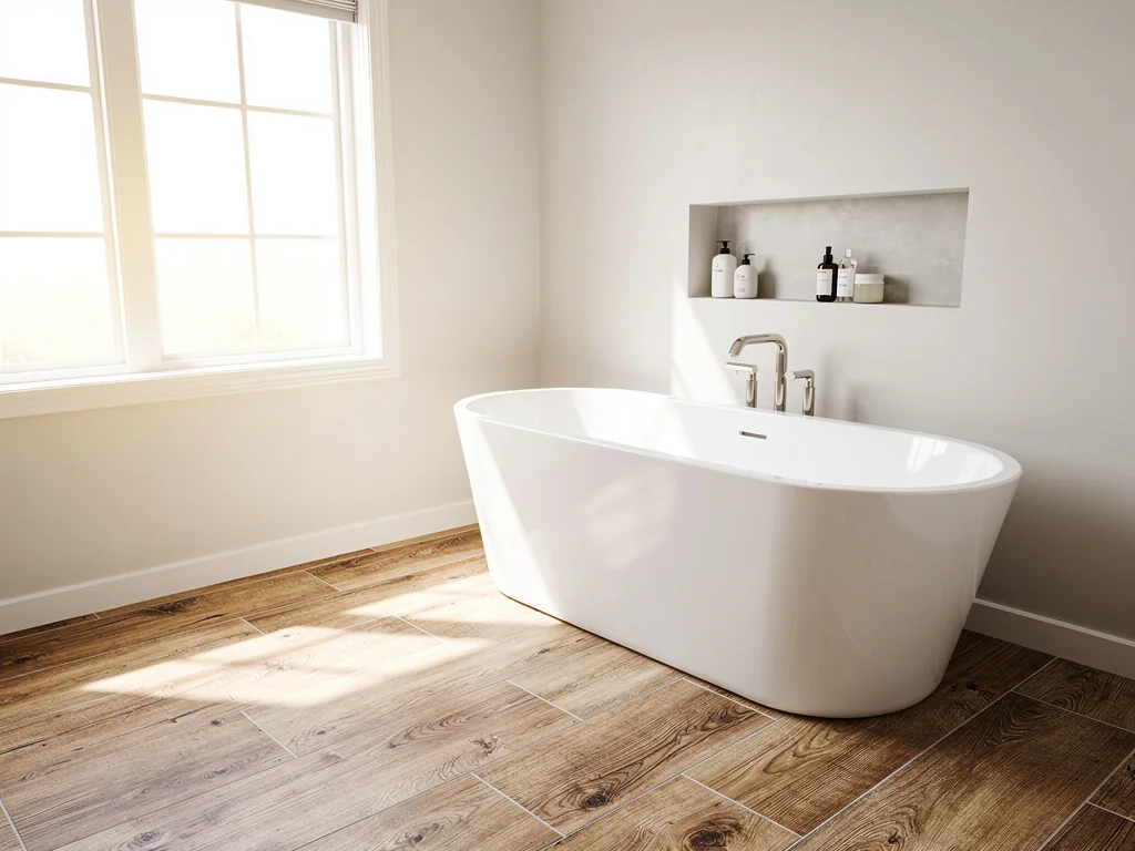 Salle de bain familiale rénovée avec baignoire et sol imitation bois