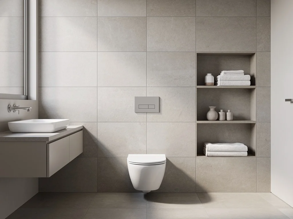 WC suspendu et rangements intégrés dans une salle de bain contemporaine