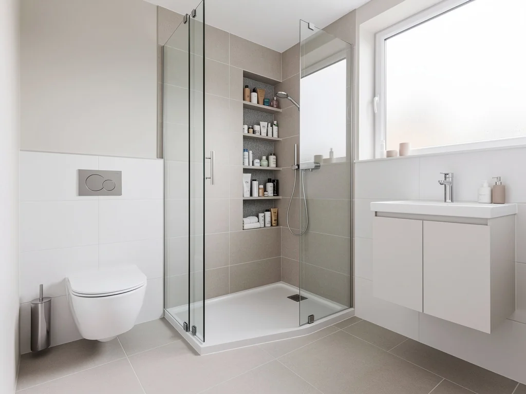 Petite salle de bain optimisée avec douche d'angle et niche de rangement
